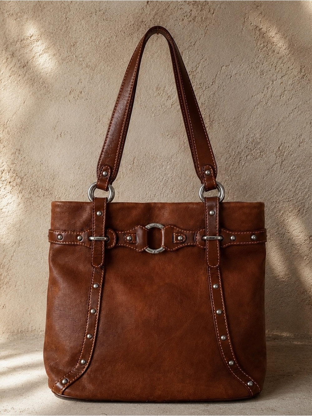 Bosca Brown Leather Studded Tote Shoulder Bag Western Equestrian